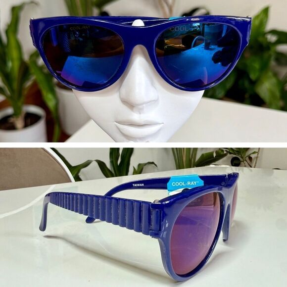 Super Cool True Vintage 1970s Navy Blue 3D Geometric Ribbed Textured Sunglasses main image 7